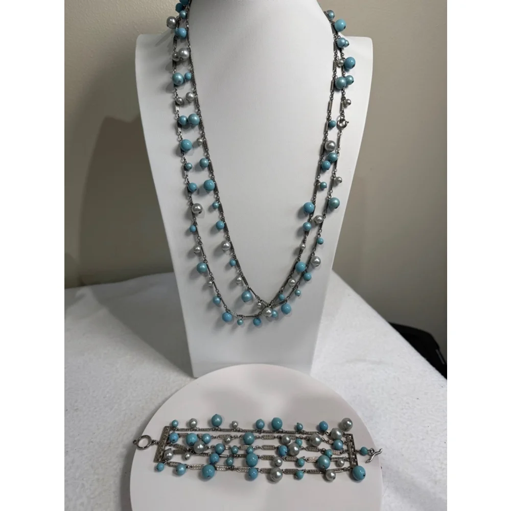 Unbranded antique 6” Necklace & 7” Bracelet Set Blue Silver beads silver links